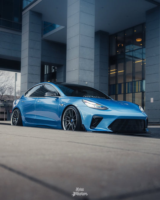 Tesla Model 3 Performance Long Range Standard Base 2017 2018 2019 2020 2021 2022 2023 with Aftermarket Parts - "HACKER" Narrow Body Front Bumper & Front Splitter Carbon Fiber / FRP from Robot Craftsman