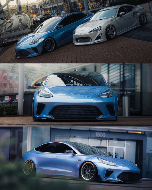 Tesla Model 3 Performance Long Range Standard Base 2017 2018 2019 2020 2021 2022 2023 with Aftermarket Parts - "HACKER" Narrow Body Front Bumper & Front Splitter Carbon Fiber / FRP from Robot Craftsman