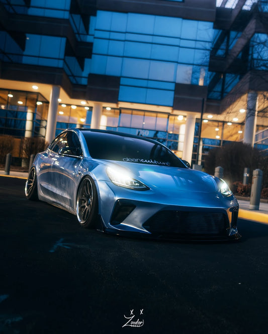 Tesla Model 3 Performance Long Range Standard Base 2017 2018 2019 2020 2021 2022 2023 with Aftermarket Parts - "HACKER" Narrow Body Front Bumper & Front Splitter Carbon Fiber / FRP from Robot Craftsman