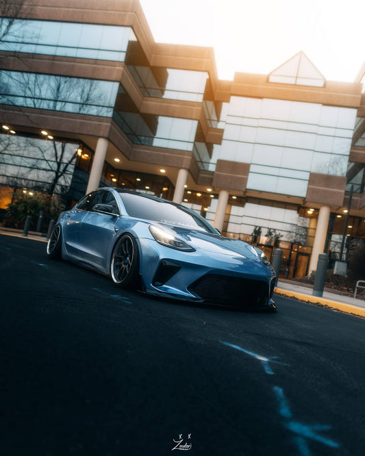 Tesla Model 3 Performance Long Range Standard Base 2017 2018 2019 2020 2021 2022 2023 with Aftermarket Parts - "HACKER" Narrow Body Front Bumper & Front Splitter Carbon Fiber / FRP from Robot Craftsman