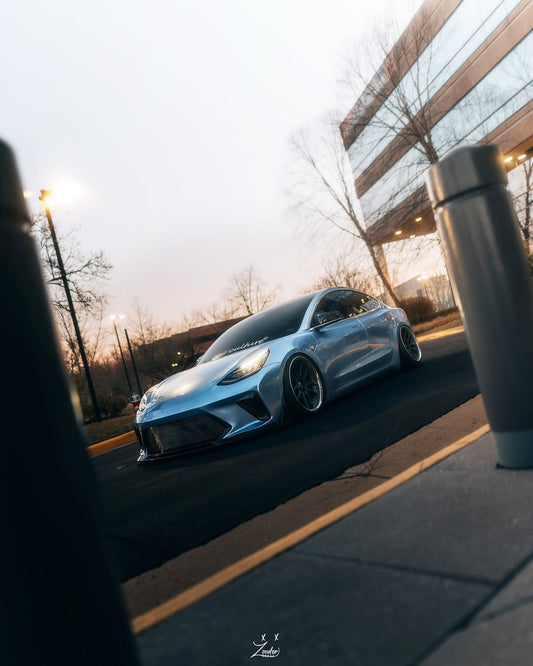 Tesla Model 3 Performance Long Range Standard Base 2017 2018 2019 2020 2021 2022 2023 with Aftermarket Parts - "HACKER" Narrow Body Front Bumper & Front Splitter Carbon Fiber / FRP from Robot Craftsman