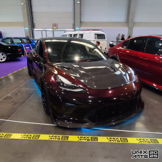 Tesla Model 3 Performance Long Range Standard Base 2017 2018 2019 2020 2021 2022 2023 with Aftermarket Parts - "Hacker" V1 Hood Bonnet Carbon Fiber / FRP from Robot Craftsman