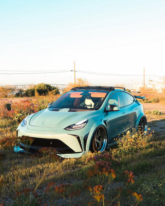 Tesla Model Y Performance AWD Long Range RWD Standard 2020 2021 2023 2024 with Aftermarket Parts - "STARSHIP" Stage 1 Corner Lip (2 pcs) & Stage 2 Corner Lip (4 pcs) & Front Bumper Carbon Fiber from Robot Craftsman
