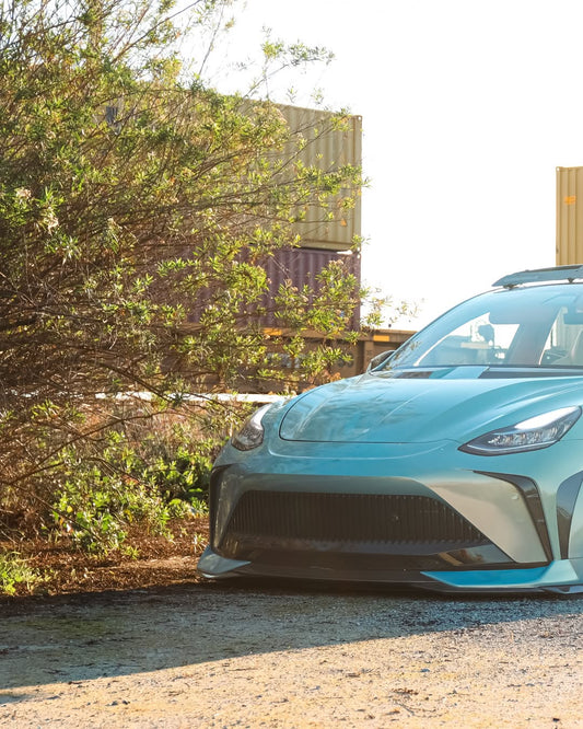 Tesla Model Y Performance AWD Long Range RWD Standard 2020 2021 2023 2024 with Aftermarket Parts - "STARSHIP" Stage 1 Corner Lip (2 pcs) & Stage 2 Corner Lip (4 pcs) & Front Bumper Carbon Fiber from Robot Craftsman