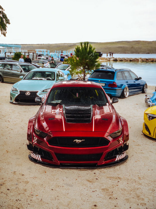 Ford Mustang Ecoboost V6 GT S550.1 2015 2016 2017 & Mustang Ecoboost V6 GT March1 Bullitt S550.1 S550.2 2015 2016 2017 2018 2019 2020 2021 2022 2023 & Mustang Ecoboost V6 GT March1 Bullitt S550.2 2018 2019 2020 2021 2022 2023 with Aftermarket Parts - STORM Widebody Front Bumper & Lip & Replacement Front Lip Only Carbon Fiber/FRP from Robot Craftsman