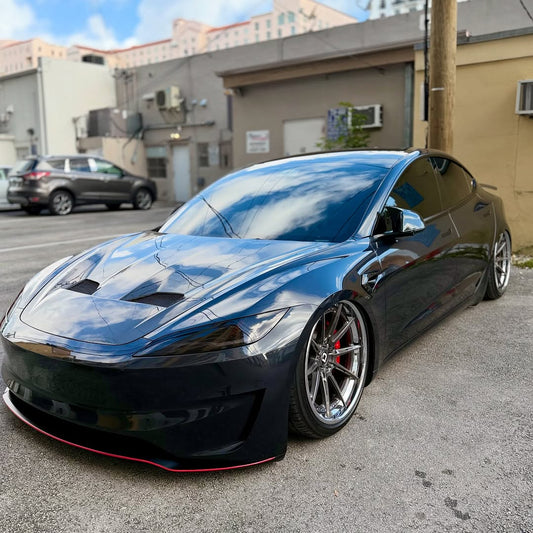 Tesla Model 3 Highland / Performance 2024-ON with Aftermarket Parts - Hacker Hood & Hood Garnish Carbon Fiber / FRP from Robot Craftsman