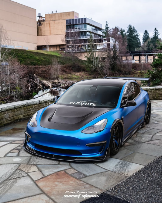 Tesla Model 3 Performance Long Range Standard Base 2017 2018 2019 2020 2021 2022 2023 with Aftermarket Parts - "Crypton" Hood Bonnet Carbon Fiber / FRP from Robot Craftsman