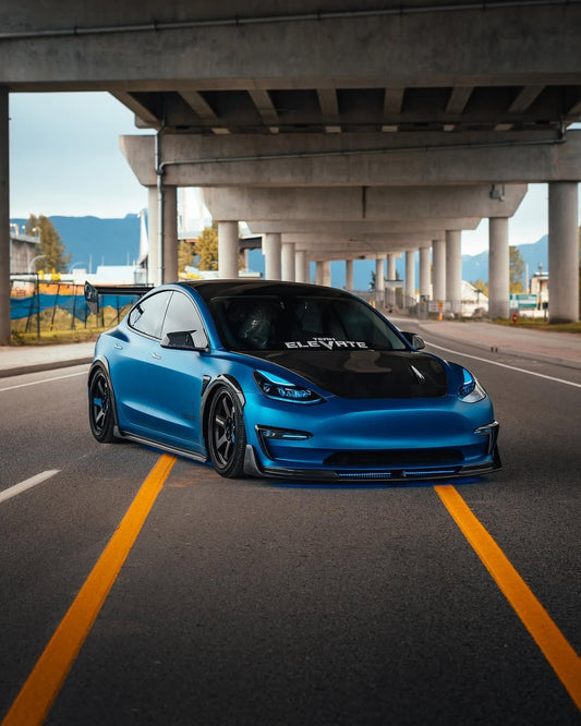 Tesla Model 3 Performance Long Range Standard Base 2017 2018 2019 2020 2021 2022 2023 with Aftermarket Parts - "Crypton" Hood Bonnet Carbon Fiber / FRP from Robot Craftsman