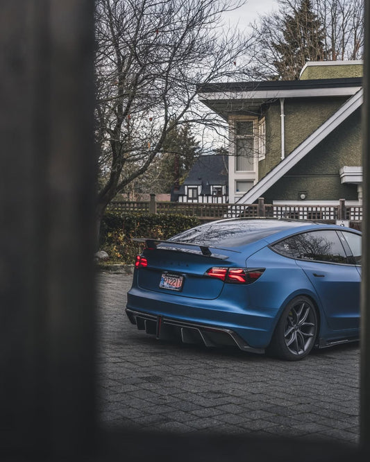 Tesla Model 3 Performance Long Range Standard Base 2017 2018 2019 2020 2021 2022 2023 with Aftermarket Parts - Crypton Rear Spoiler Wing Carbon Fiber / FRP from Robot Craftsman