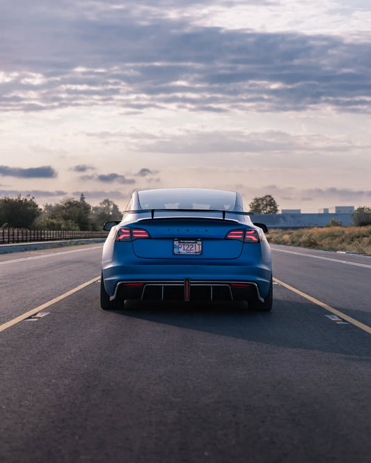 Tesla Model 3 Performance Long Range Standard Base 2017 2018 2019 2020 2021 2022 2023 with Aftermarket Parts - Crypton Rear Spoiler Wing Carbon Fiber / FRP from Robot Craftsman
