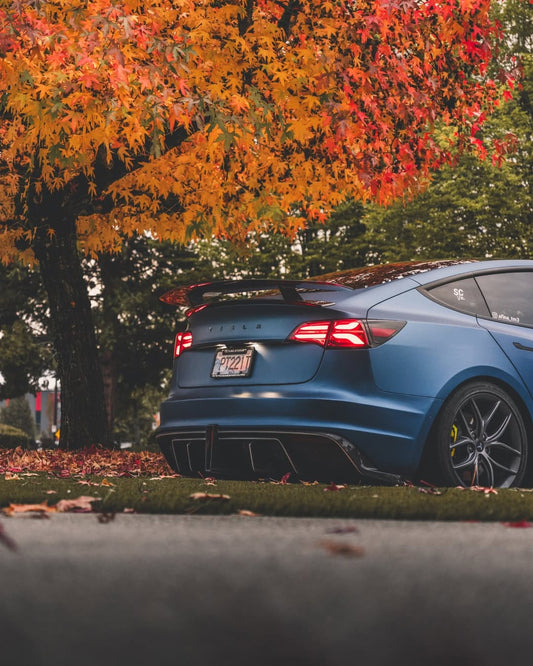 Tesla Model 3 Performance Long Range Standard Base 2017 2018 2019 2020 2021 2022 2023 with Aftermarket Parts - Crypton Rear Spoiler Wing Carbon Fiber / FRP from Robot Craftsman