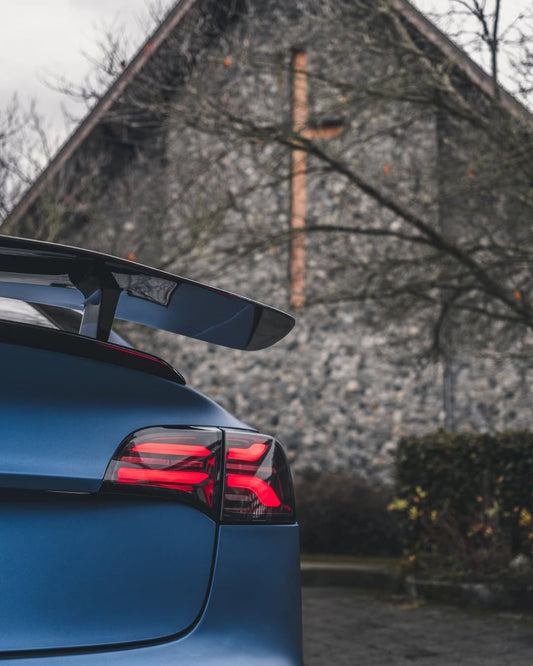 Tesla Model 3 Performance Long Range Standard Base 2017 2018 2019 2020 2021 2022 2023 with Aftermarket Parts - Crypton Rear Spoiler Wing Carbon Fiber / FRP from Robot Craftsman