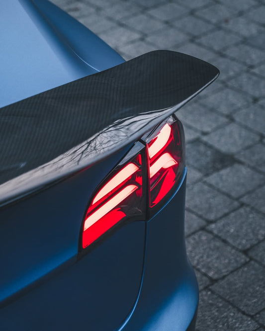 Tesla Model 3 Performance Long Range Standard Base 2017 2018 2019 2020 2021 2022 2023 with Aftermarket Parts - Crypton Rear Spoiler Wing Carbon Fiber / FRP from Robot Craftsman