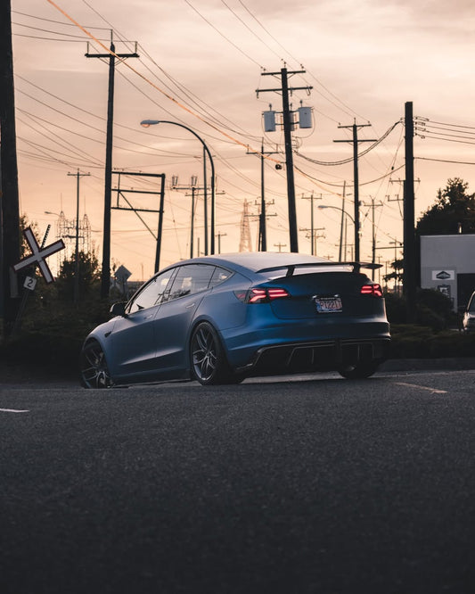 Tesla Model 3 Performance Long Range Standard Base 2017 2018 2019 2020 2021 2022 2023 with Aftermarket Parts - Crypton Side Skirts Carbon Fiber / FRP from Robot Craftsman