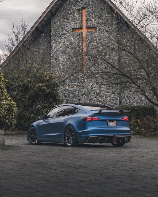 Tesla Model 3 Performance Long Range Standard Base 2017 2018 2019 2020 2021 2022 2023 with Aftermarket Parts - Crypton Rear Spoiler Wing Carbon Fiber / FRP from Robot Craftsman