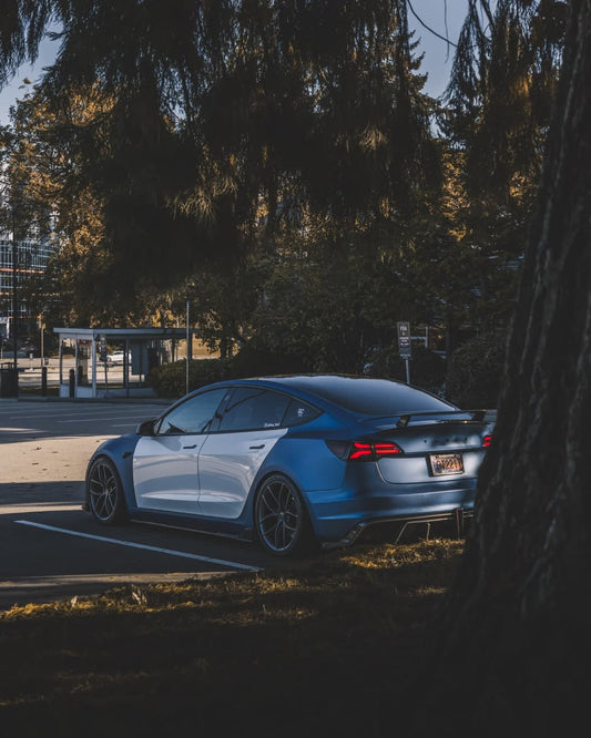 Tesla Model 3 Performance Long Range Standard Base 2017 2018 2019 2020 2021 2022 2023 with Aftermarket Parts - Crypton Rear Spoiler Wing Carbon Fiber / FRP from Robot Craftsman