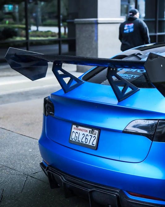 Tesla Model 3 Performance Long Range Standard Base 2017 2018 2019 2020 2021 2022 2023 with Aftermarket Parts - "Hacker" V2 GT Rear Spoiler Wing Carbon Fiber / FRP from Robot Craftsman