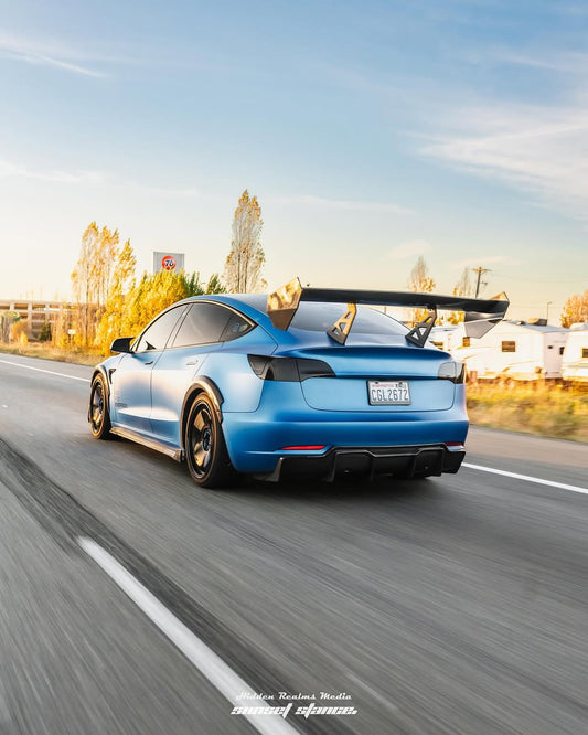 Tesla Model 3 Performance Long Range Standard Base 2017 2018 2019 2020 2021 2022 2023 with Aftermarket Parts - "Hacker" V2 GT Rear Spoiler Wing Carbon Fiber / FRP from Robot Craftsman