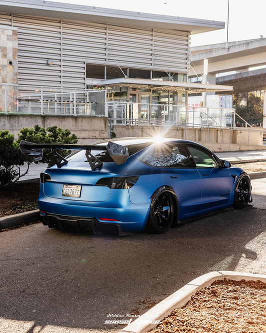 Tesla Model 3 Performance Long Range Standard Base 2017 2018 2019 2020 2021 2022 2023 with Aftermarket Parts - "Hacker" V2 GT Rear Spoiler Wing Carbon Fiber / FRP from Robot Craftsman