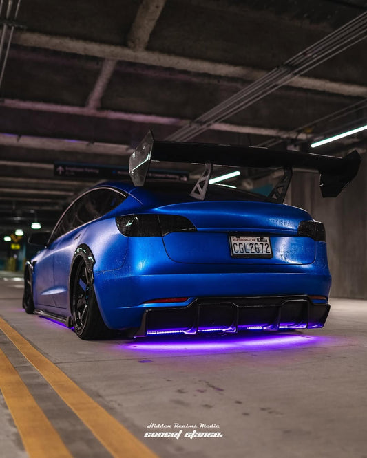 Tesla Model 3 Performance Long Range Standard Base 2017 2018 2019 2020 2021 2022 2023 with Aftermarket Parts - "Hacker" V2 GT Rear Spoiler Wing Carbon Fiber / FRP from Robot Craftsman