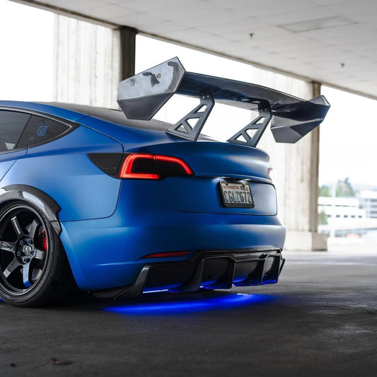 Tesla Model 3 Performance Long Range Standard Base 2017 2018 2019 2020 2021 2022 2023 with Aftermarket Parts - "Hacker" V2 GT Rear Spoiler Wing Carbon Fiber / FRP from Robot Craftsman