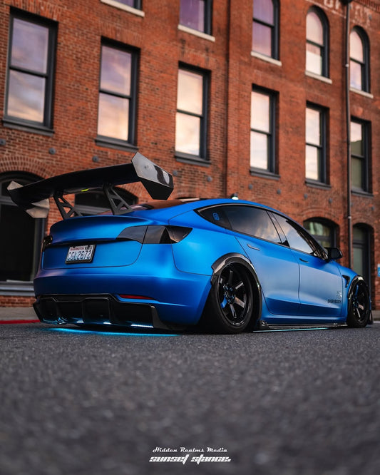 Tesla Model 3 Performance Long Range Standard Base 2017 2018 2019 2020 2021 2022 2023 with Aftermarket Parts - "Hacker" V2 GT Rear Spoiler Wing Carbon Fiber / FRP from Robot Craftsman