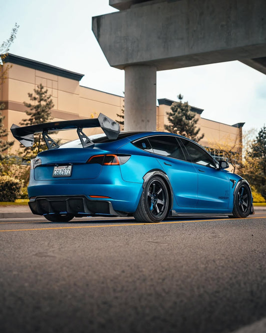 Tesla Model 3 Performance Long Range Standard Base 2017 2018 2019 2020 2021 2022 2023 with Aftermarket Parts - "Hacker" V2 GT Rear Spoiler Wing Carbon Fiber / FRP from Robot Craftsman