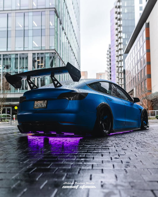 Tesla Model 3 Performance Long Range Standard Base 2017 2018 2019 2020 2021 2022 2023 with Aftermarket Parts - "Hacker" V2 GT Rear Spoiler Wing Carbon Fiber / FRP from Robot Craftsman