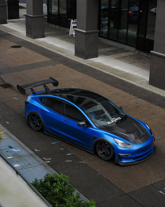 Tesla Model 3 Performance Long Range Standard Base 2017 2018 2019 2020 2021 2022 2023 with Aftermarket Parts - "Crypton" Hood Bonnet Carbon Fiber / FRP from Robot Craftsman