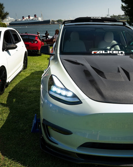Tesla Model 3 Performance Long Range Standard Base 2017 2018 2019 2020 2021 2022 2023 with Aftermarket Parts - "Hacker" V2 Hood Bonnet Carbon Fiber / FRP from Robot Craftsman
