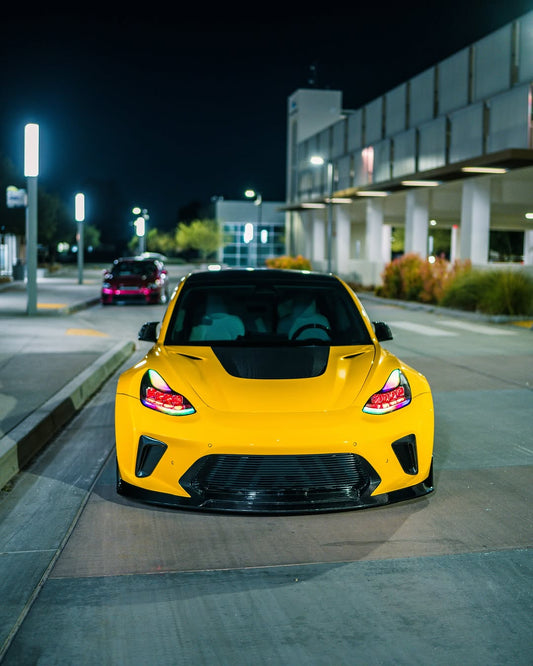 Tesla Model 3 Performance Long Range Standard Base 2017 2018 2019 2020 2021 2022 2023 with Aftermarket Parts - "HACKER" Widebody Front Bumper & Front Splitter Carbon Fiber / FRP from Robot Craftsman