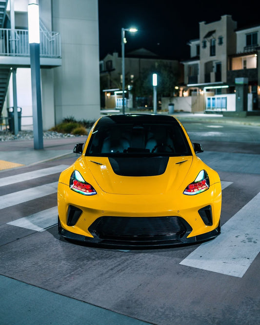 Tesla Model 3 Performance Long Range Standard Base 2017 2018 2019 2020 2021 2022 2023 with Aftermarket Parts - "HACKER" Widebody Front Bumper & Front Splitter Carbon Fiber / FRP from Robot Craftsman