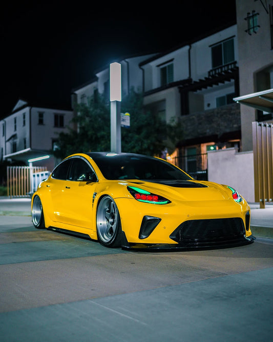 Tesla Model 3 Performance Long Range Standard Base 2017 2018 2019 2020 2021 2022 2023 with Aftermarket Parts - "Hacker" Widebody Wheel Arches & Side Skirts Carbon Fiber / FRP from Robot Craftsman