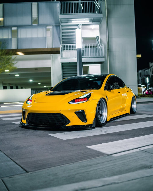 Tesla Model 3 Performance Long Range Standard Base 2017 2018 2019 2020 2021 2022 2023 with Aftermarket Parts - "Hacker" Widebody Wheel Arches & Side Skirts Carbon Fiber / FRP from Robot Craftsman