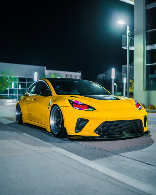Tesla Model 3 Performance Long Range Standard Base 2017 2018 2019 2020 2021 2022 2023 with Aftermarket Parts - "Hacker" Widebody Wheel Arches & Side Skirts Carbon Fiber / FRP from Robot Craftsman