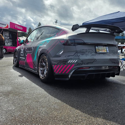 Tesla Model 3 Performance Long Range Standard Base 2017 2018 2019 2020 2021 2022 2023 with Aftermarket Parts - "Hacker" V3 Double Decker Rear Spoiler Wing Carbon Fiber / FRP from Robot Craftsman