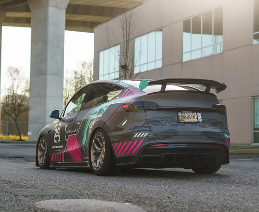 Tesla Model 3 Performance Long Range Standard Base 2017 2018 2019 2020 2021 2022 2023 with Aftermarket Parts - "Hacker" V3 Double Decker Rear Spoiler Wing Carbon Fiber / FRP from Robot Craftsman