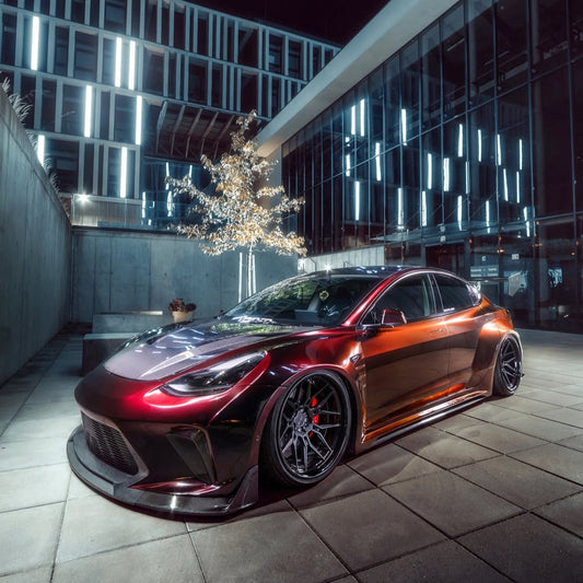 Tesla Model 3 Performance Long Range Standard Base 2017 2018 2019 2020 2021 2022 2023 with Aftermarket Parts - "HACKER" Widebody Front Bumper & Front Splitter Carbon Fiber / FRP from Robot Craftsman