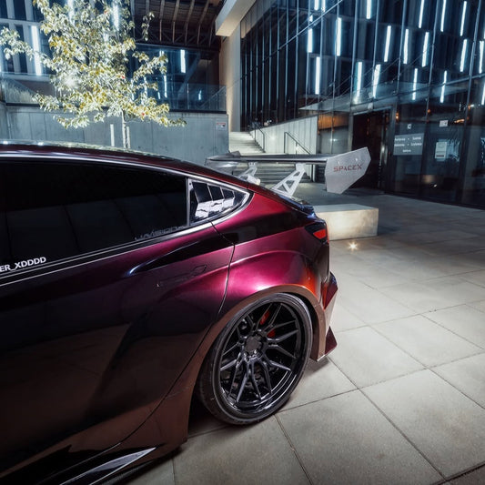 Tesla Model 3 Performance Long Range Standard Base 2017 2018 2019 2020 2021 2022 2023 with Aftermarket Parts - "Hacker" Widebody Wheel Arches & Side Skirts Carbon Fiber / FRP from Robot Craftsman