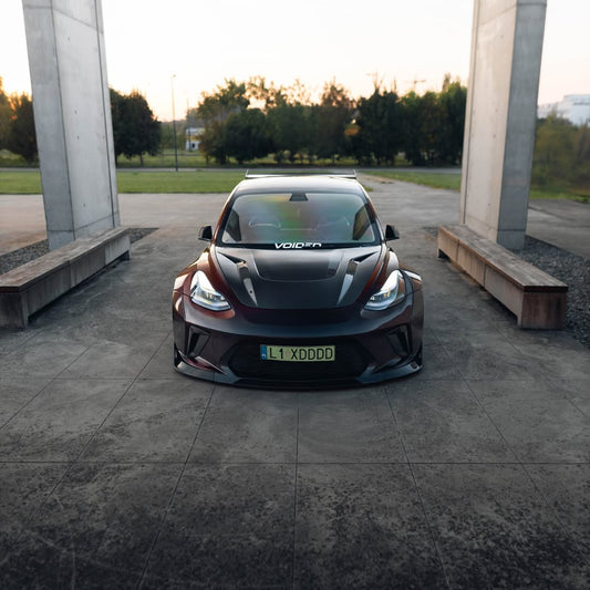 Tesla Model 3 Performance Long Range Standard Base 2017 2018 2019 2020 2021 2022 2023 with Aftermarket Parts - "HACKER" Widebody Front Bumper & Front Splitter Carbon Fiber / FRP from Robot Craftsman