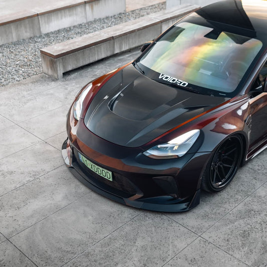 Tesla Model 3 Performance Long Range Standard Base 2017 2018 2019 2020 2021 2022 2023 with Aftermarket Parts - "HACKER" Widebody Front Bumper & Front Splitter Carbon Fiber / FRP from Robot Craftsman