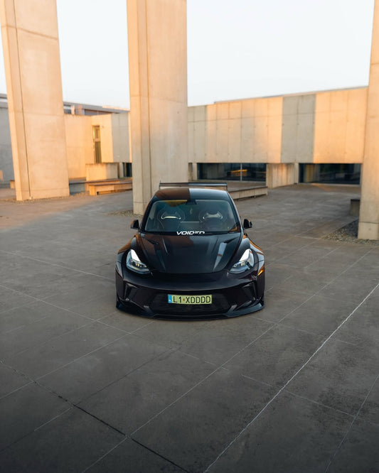 Tesla Model 3 Performance Long Range Standard Base 2017 2018 2019 2020 2021 2022 2023 with Aftermarket Parts - "HACKER" Widebody Front Bumper & Front Splitter Carbon Fiber / FRP from Robot Craftsman