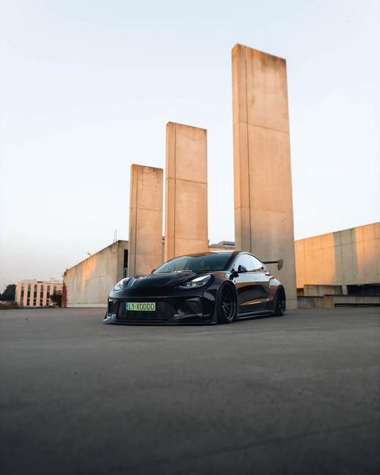 Tesla Model 3 Performance Long Range Standard Base 2017 2018 2019 2020 2021 2022 2023 with Aftermarket Parts - "HACKER" Widebody Front Bumper & Front Splitter Carbon Fiber / FRP from Robot Craftsman