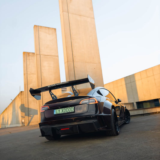 Tesla Model 3 Performance Long Range Standard Base 2017 2018 2019 2020 2021 2022 2023 with Aftermarket Parts - "Hacker" V2 GT Rear Spoiler Wing Carbon Fiber / FRP from Robot Craftsman