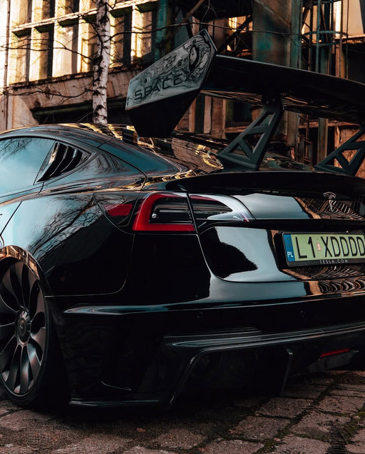 Tesla Model 3 Performance Long Range Standard Base 2017 2018 2019 2020 2021 2022 2023 with Aftermarket Parts - "Hacker" V2 GT Rear Spoiler Wing Carbon Fiber / FRP from Robot Craftsman