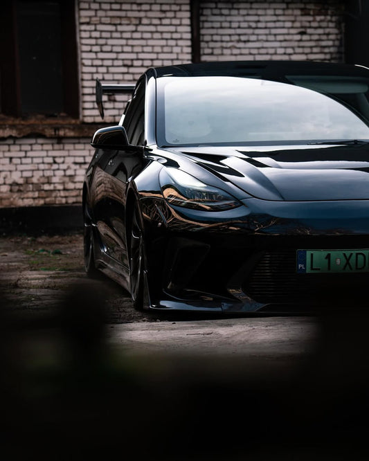 Tesla Model 3 Performance Long Range Standard Base 2017 2018 2019 2020 2021 2022 2023 with Aftermarket Parts - "HACKER" Widebody Front Bumper & Front Splitter Carbon Fiber / FRP from Robot Craftsman