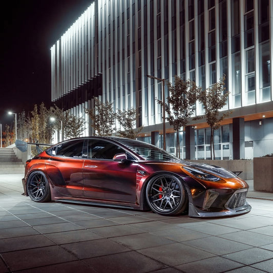 Tesla Model 3 Performance Long Range Standard Base 2017 2018 2019 2020 2021 2022 2023 with Aftermarket Parts - "HACKER" Widebody Front Bumper & Front Splitter Carbon Fiber / FRP from Robot Craftsman
