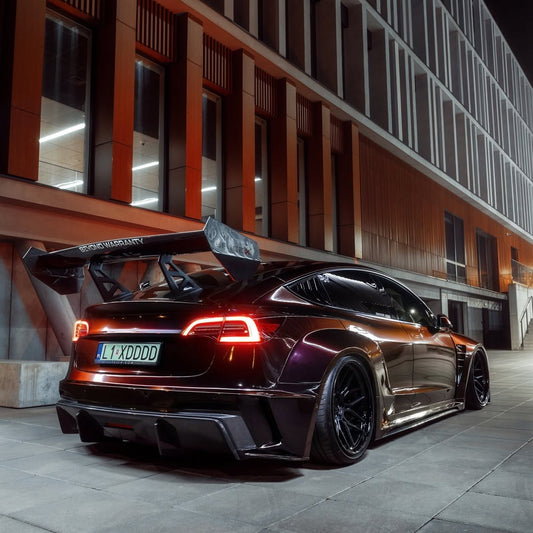 Tesla Model 3 Performance Long Range Standard Base 2017 2018 2019 2020 2021 2022 2023 with Aftermarket Parts - "Hacker" V2 GT Rear Spoiler Wing Carbon Fiber / FRP from Robot Craftsman