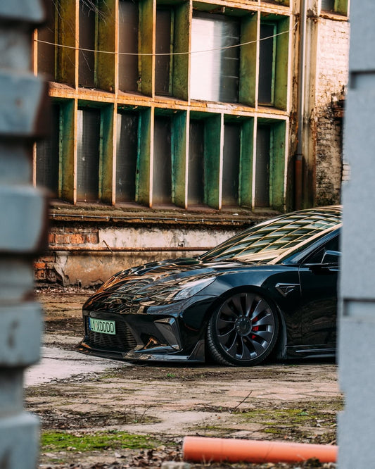 Tesla Model 3 Performance Long Range Standard Base 2017 2018 2019 2020 2021 2022 2023 with Aftermarket Parts - "HACKER" Widebody Front Bumper & Front Splitter Carbon Fiber / FRP from Robot Craftsman