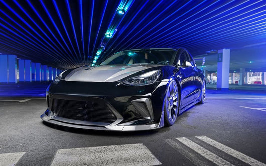 Tesla Model 3 Performance Long Range Standard Base 2017 2018 2019 2020 2021 2022 2023 with Aftermarket Parts - "HACKER" Narrow Body Front Bumper & Front Splitter Carbon Fiber / FRP from Robot Craftsman